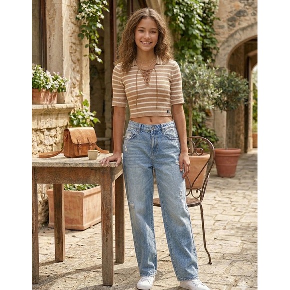 Polo Jeans Co. Ralph Lauren Tops - Polo Jeans Co Ralph Lauren Tan White Striped Lace Up Ribbed Knit Top Women M